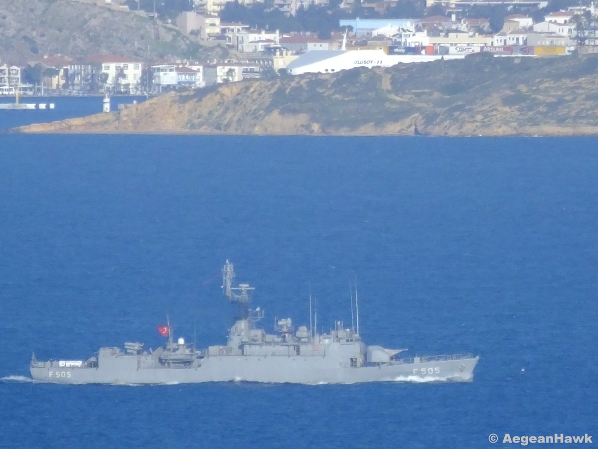 Turkish Navy Burak class corvette F505 TCG Bafra southbound Chios Strait in Aegean Sea   