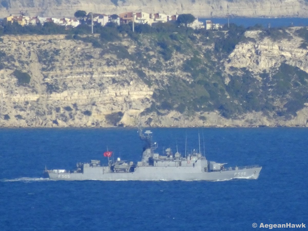 Turkish Navy Burak class corvette F505 TCG Bafra southbound Chios Strait in Aegean Sea   