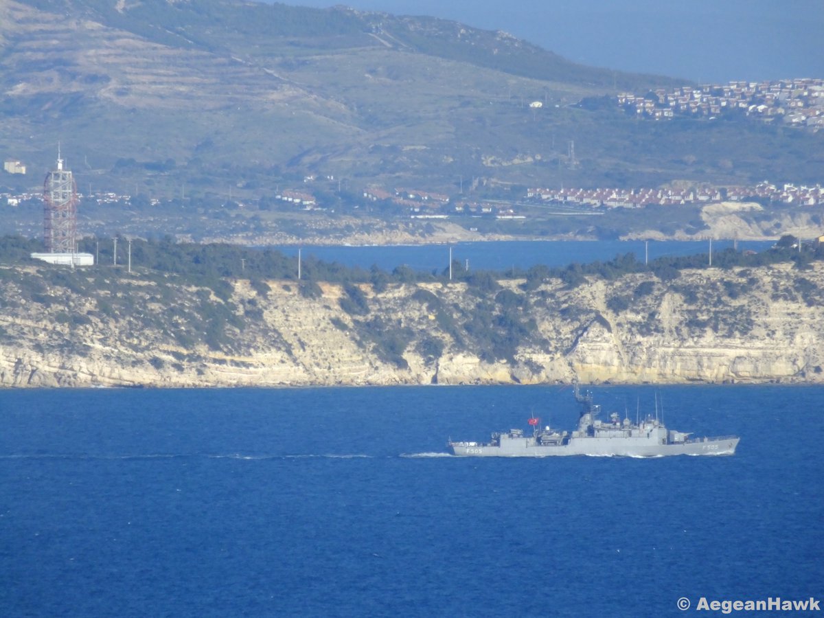 Turkish Navy Burak class corvette F505 TCG Bafra southbound Chios Strait in Aegean Sea   