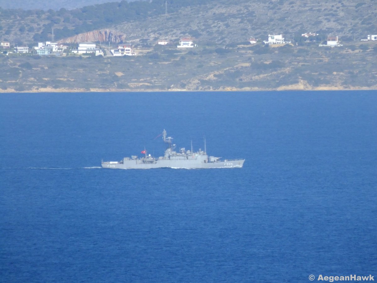 Turkish Navy Burak class corvette F505 TCG Bafra southbound Chios Strait in Aegean Sea   