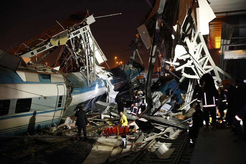 At least seven people were killed and 46 injured when a high-speed train crashed into a pilot engine traveling along the same rails, said officials in Turkey's capital Ankara.  