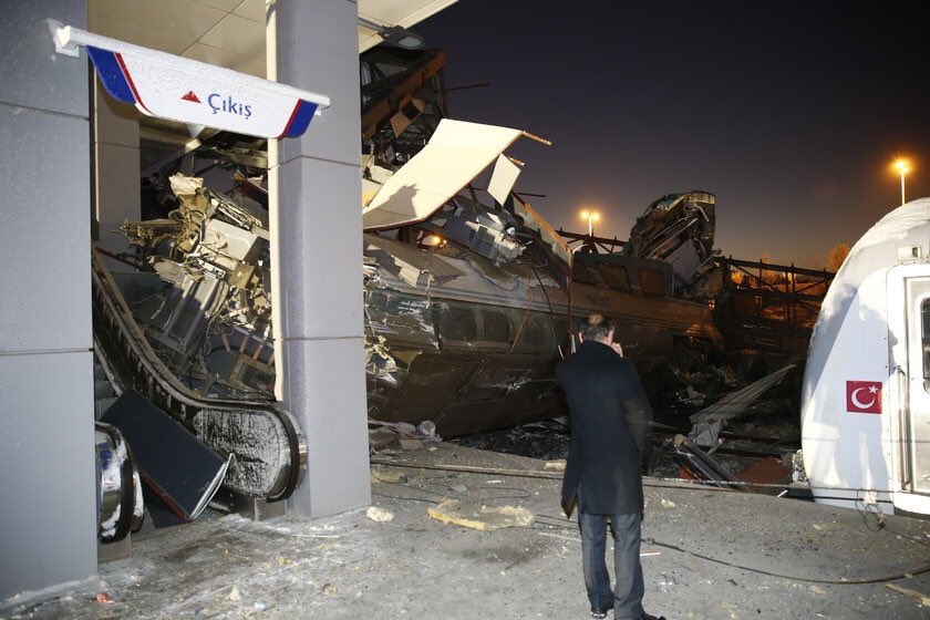 At least seven people were killed and 46 injured when a high-speed train crashed into a pilot engine traveling along the same rails, said officials in Turkey's capital Ankara.  
