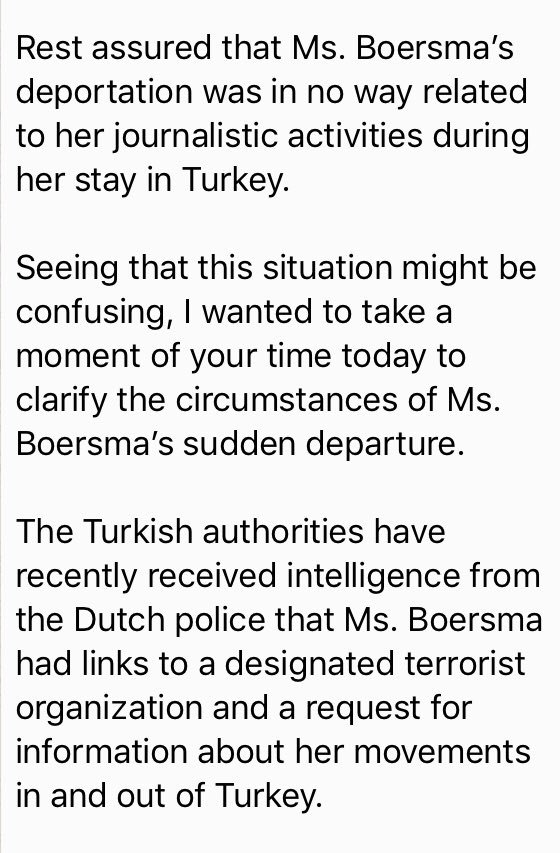 Turkey says they received intelligence from Dutch police that deported journalist Ans Boersma has links to a designated terrorist organisation. 