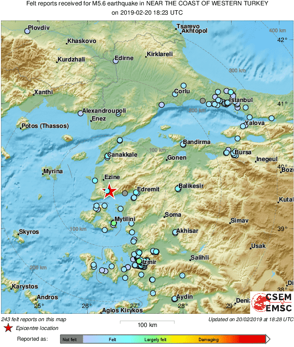 M5.6 earthquake (deprem) strikes 144 km NW of İzmir (Turkey)