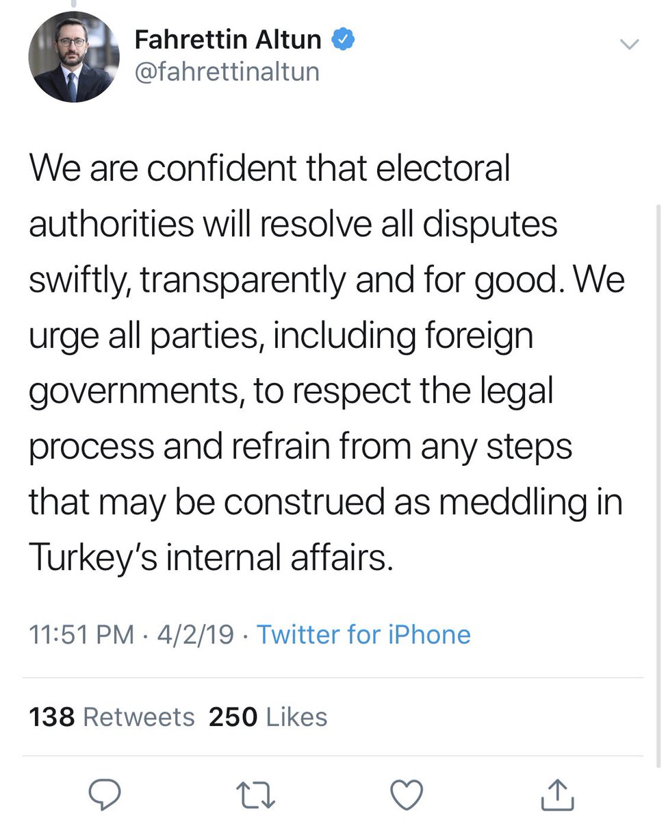 Erdogan's Communications Director seems to be responding to US State Department statement that called respect to election results.   We urge foreign government to refrain from steps that maybe construed as meddling in Turkey's affairs   