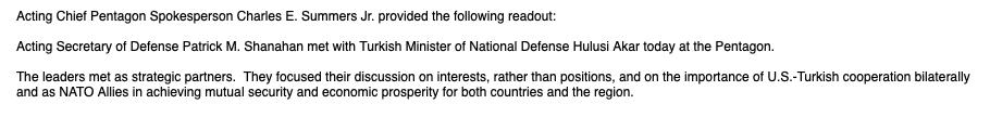 Meeting at the Pentagon between @ActingSecDef and Turkey Minister of Nat'l Defense Hulusi Akar  The leaders met as strategic partners per @ChiefPentSpox They focused their discussion on interests, rather than positions, and on the importance of US-Turkish cooperation   