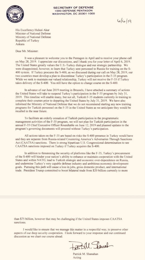 Text of Shanahan letter to Turkey on ending its participation in F-35 program over Russia S-400 acquisition. Mentions Congress support.   