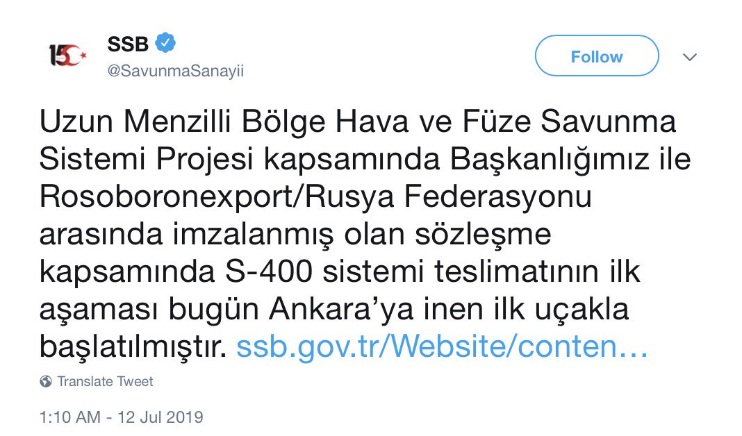 Turkey gov't top arms procurement agency Savunma Sanayii Başkanlığı which signed the S-400 purchase deal with Russia Rosoboronexport also issued a statement confirming the delivery of first batch of shipment in Ankara today.   