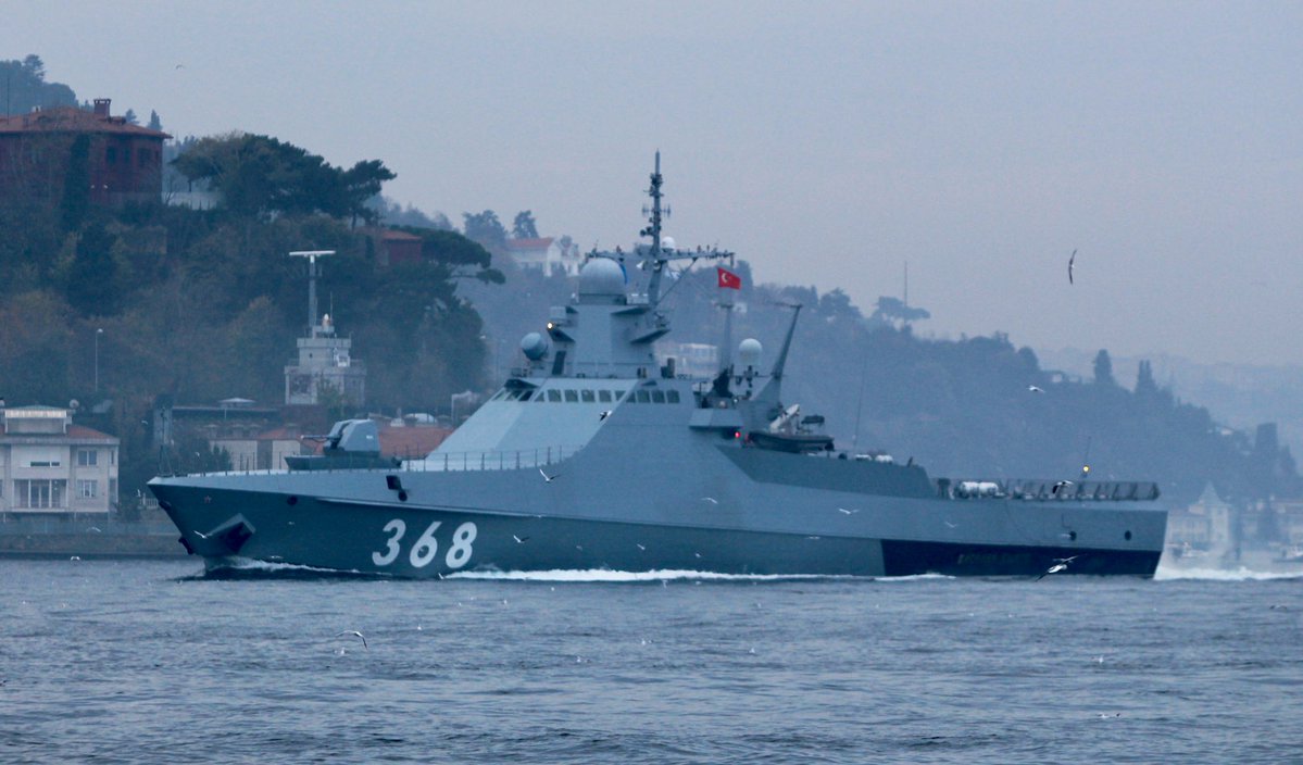 Severnoye designed & Zelenodolsk AM Gorky built, Russian Navy Project 22160  BSF 184th Novorossiysk Coastal Defense Brigade Patrol Ship Division's Bykov class corvette Vasily Bykov returned from Mediterranean deployment after 37 days & transited Bosphorus towards the Black Sea
