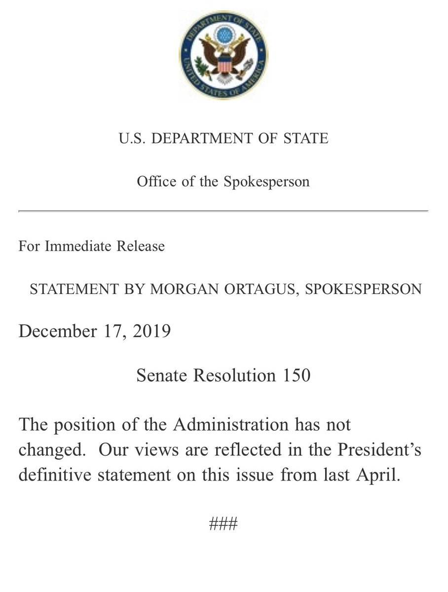 Trump administration says it still doesn't formally recognise the Armenian Genocide following US Senate decision to do so — State Department statement
