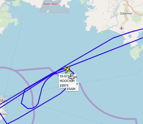 There is currently a flight of 2 C-130s holding off Southern Turkey - HOOCH21 and HOOCH22. HOOCH22 keeps appearing and disappearing on ADS-B