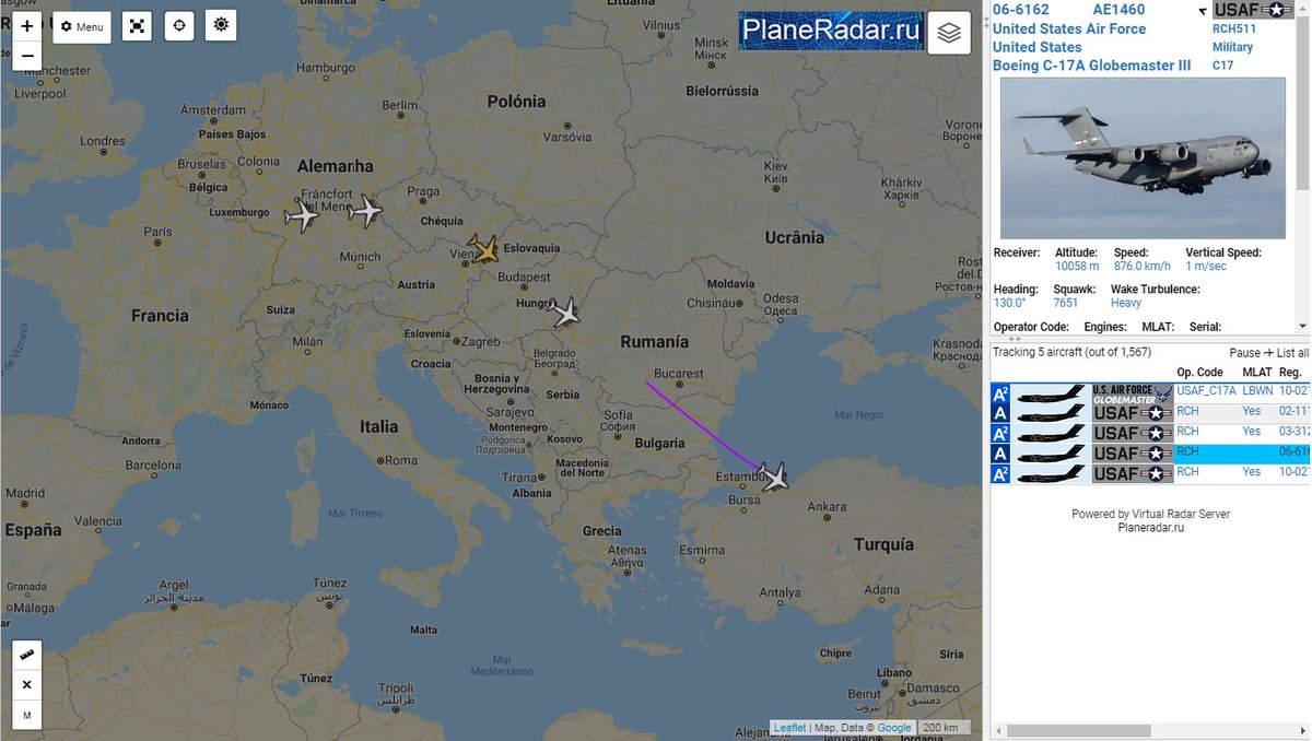 USAF convoy (5x C17 Globemaster) from Ramstein seems to be heading towards Turkey