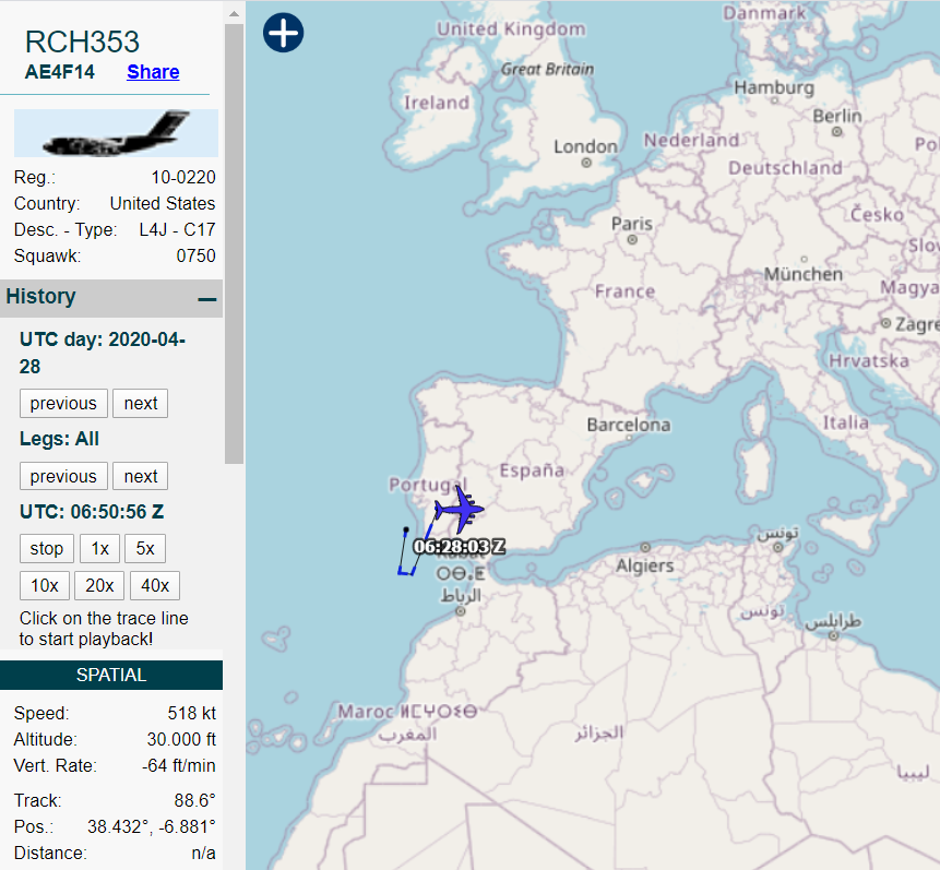 Shortly after entering Europe on Apr 28, Nuke Carrier 10-0220 was not tracked by any receiver. She only popped back up on Apr 30, en route from Incirlik to Aviano