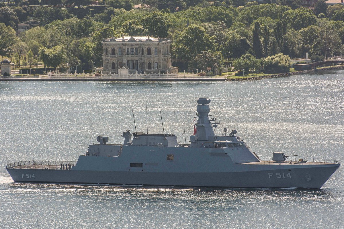 Turkish Navy Milgem Ada class corvette TCG KINALIADA F-514 heading south through Istanbul this morning towards Marmara