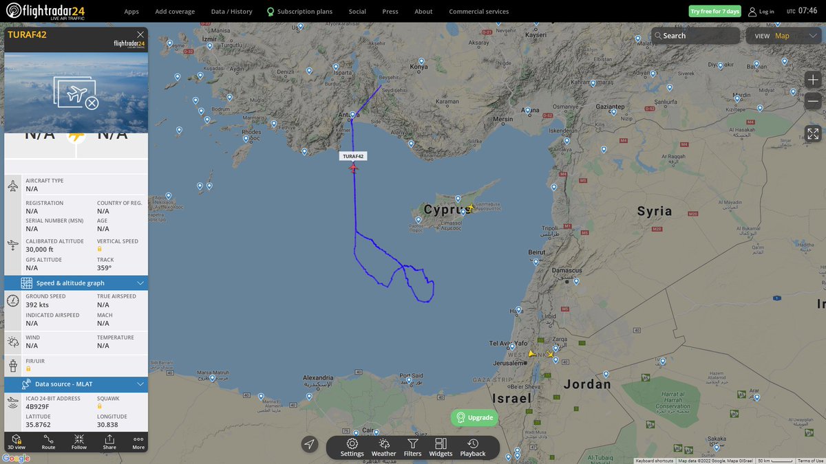 Unknown Turkish Air Force aircraft TURAF42 (4B929F) active over Eastern Mediterranean