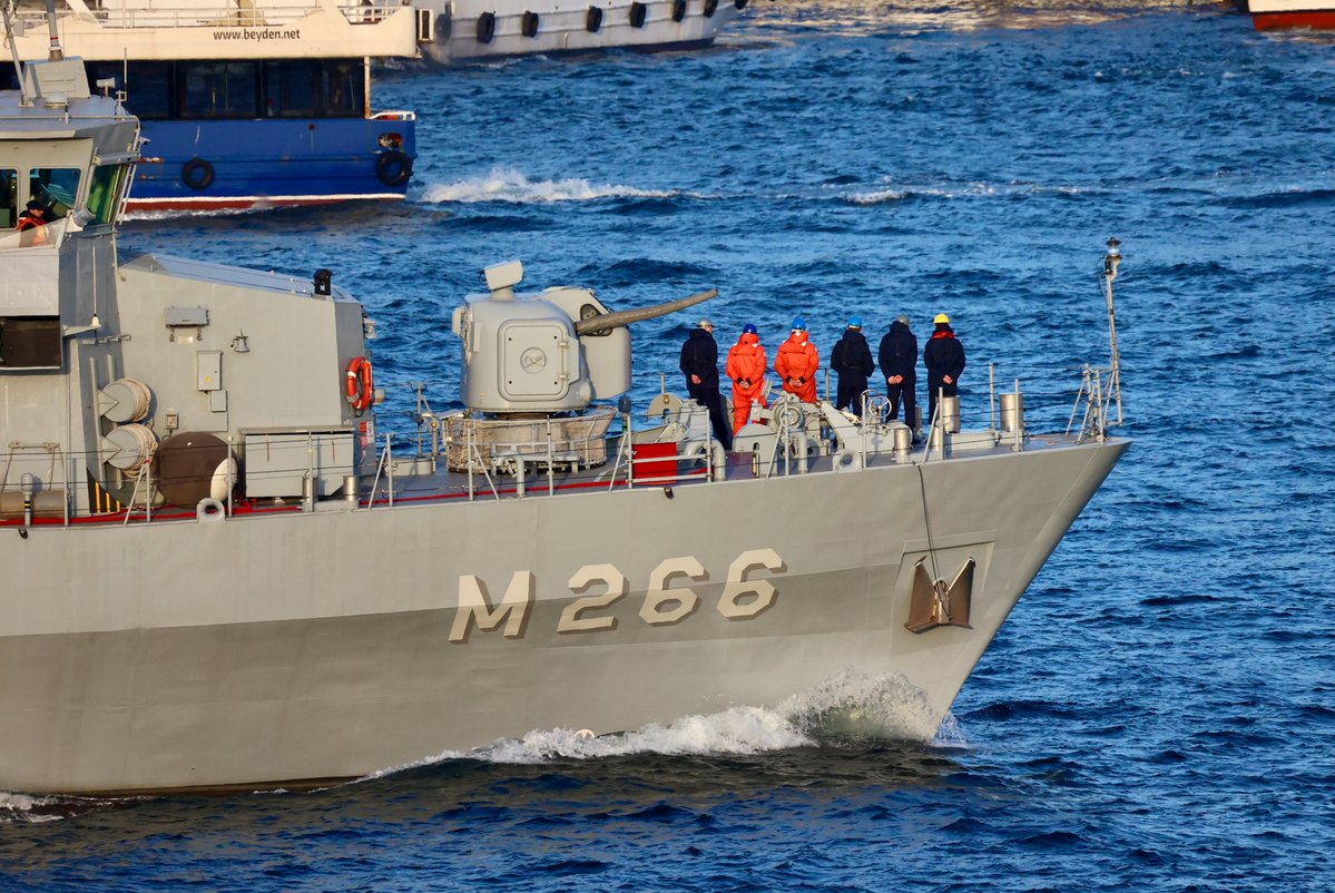 Turkish Navy is on alert against sea mines in the Black Sea: Turkish Navy Aydın class mine sweeper TCG Amasra M266 departed Black Sea & transited Bosphorus towards Marmara 