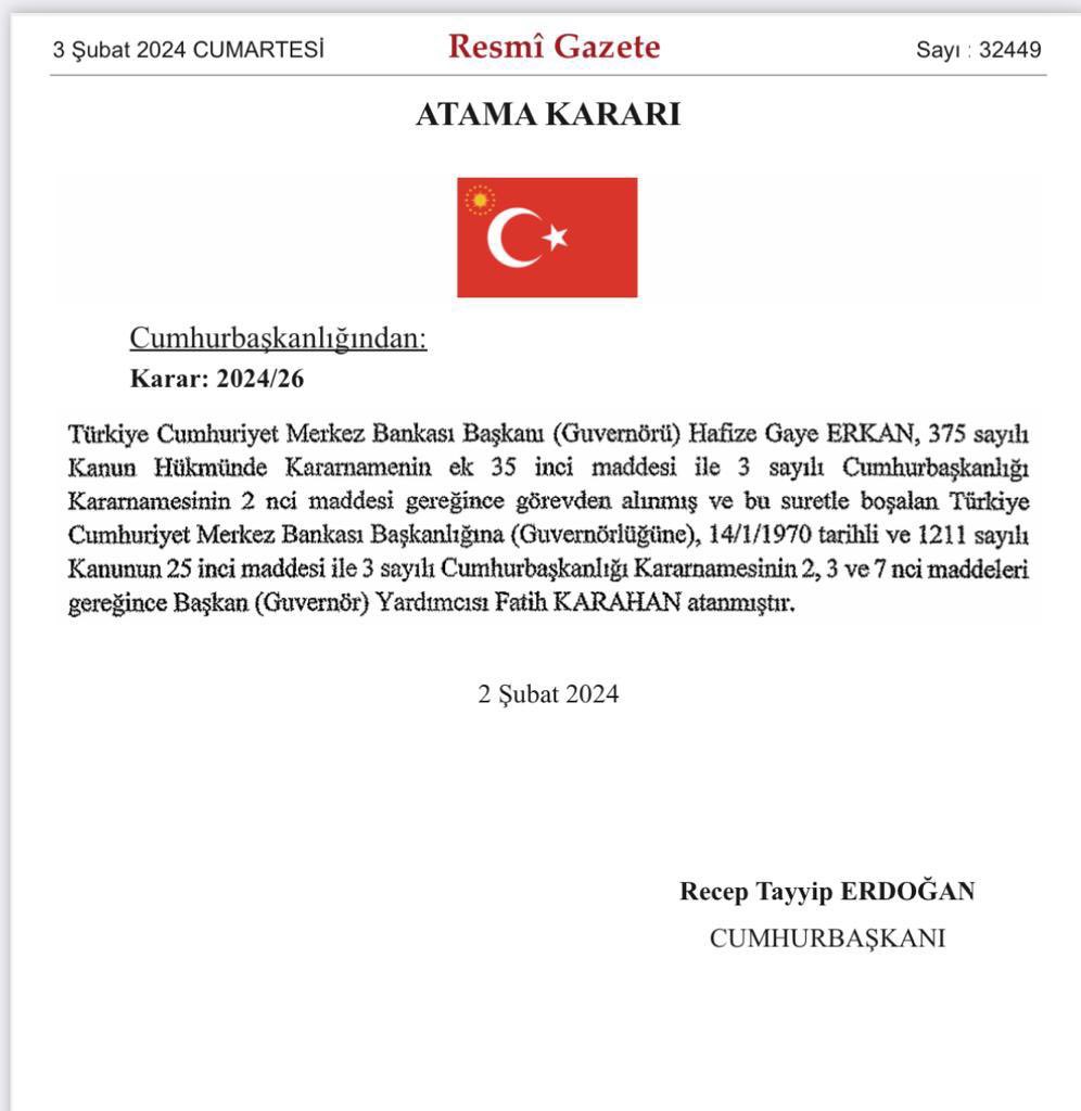 Erdogan appoints Fatih Karahan as the new Central Bank Governor