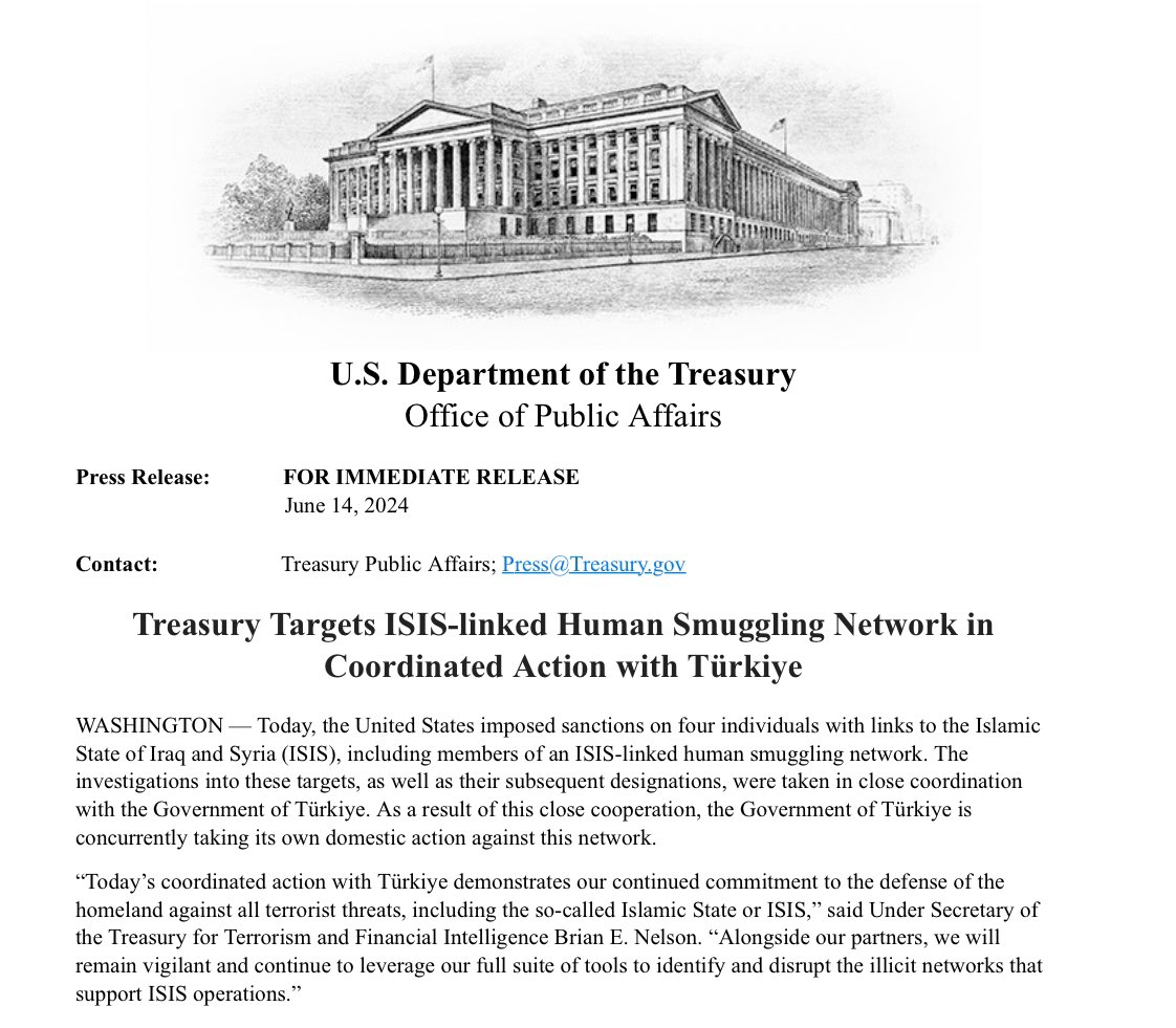 U.S. Sanctions ISIS-linked Human Smuggling Network in Coordinated Action with Türkiye