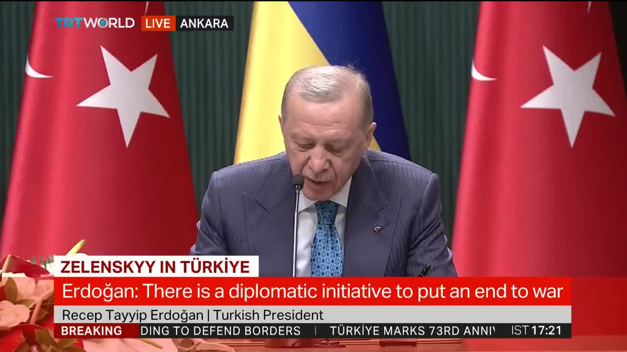 Le président turc Erdogan : - Nous réaffirmons notre soutien à l'intégrité territoriale, à la souveraineté et à l'indépendance de l'Ukraine ; - Nous sommes prêts à fournir tout le soutien nécessaire pour mettre fin à cette guerre de manière pacifique ; - Cette guerre, qui a coûté de nombreuses vies, doit cesser ; - Nous sommes prêts à faire notre part pour la sécurité maritime en mer Noire