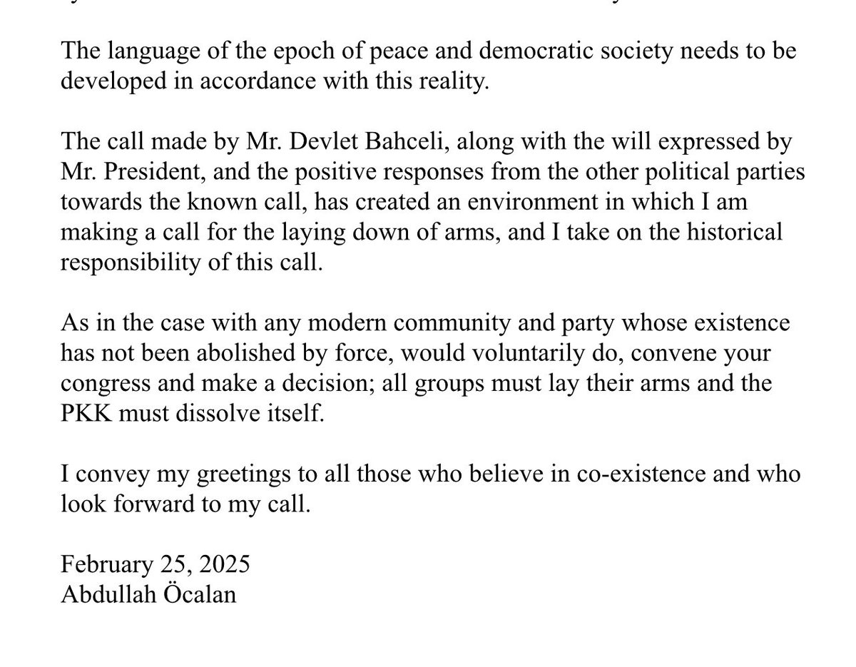 Full statement by jailed PKK-leader Abdullah Öcalan, calling for the dissolution of the PKK