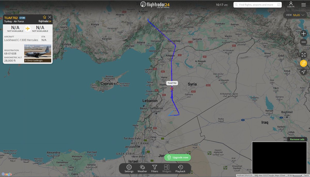 TurkishAirForce Lockheed C-130E Hercules van Kayseri naar een luchtmachtbasis ten oosten van Damascus in Syrië en nu terug naar Turkije