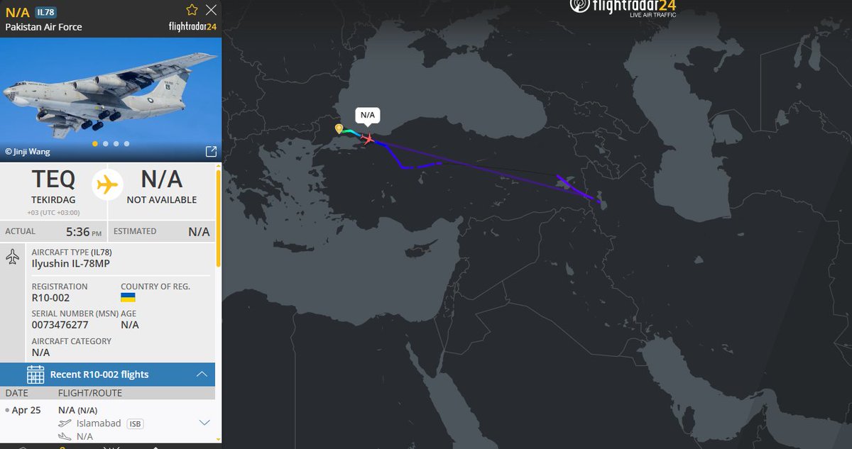 Un avión de carga pesada de la Fuerza Aérea de Pakistán llegó hoy al aeropuerto de Tekirdag, cerca de Estambul, y regresó varias horas después. El aeropuerto alberga el fabricante de drones armados Baykar, el R10-002.