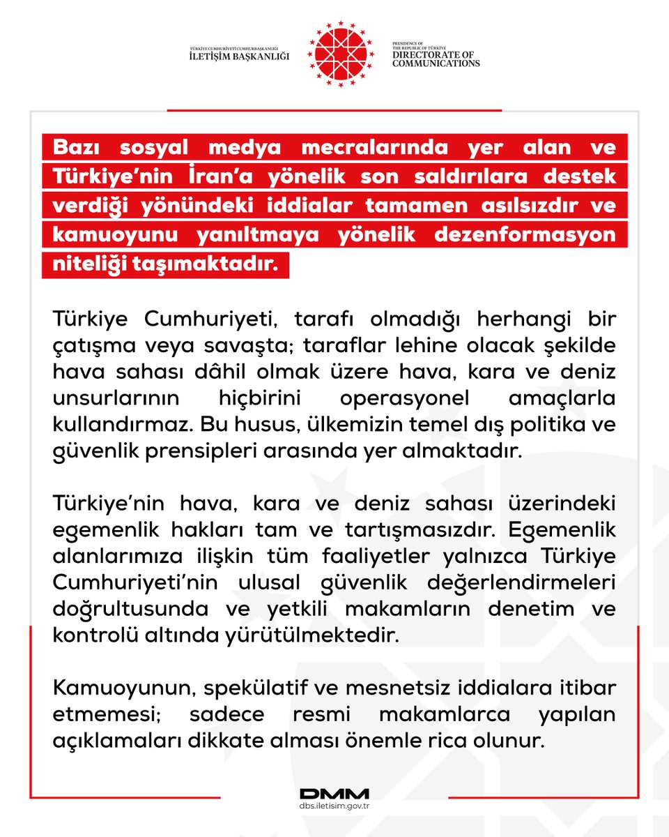Turkish Presidency says Turkey doesn't permit the use of its airspace in attacks on Iran. Turkey does not permit the use of any of its air, land, or sea elements—including its airspace—for operational purposes in any conflict or war in which it is not a party,