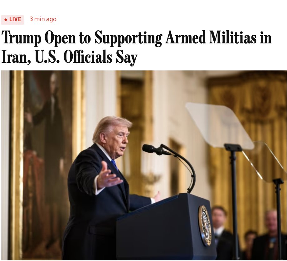 Trump amade ye ku piştgiriyê bide komên çekdar ên dijî rejîmê li nav Îranê, di nav de komên Kurdî jî. Li ser piştgiriya çekan an îstîxbaratê hîn biryarek dawî nehatiye dayîn. Çavkanî: WSJ