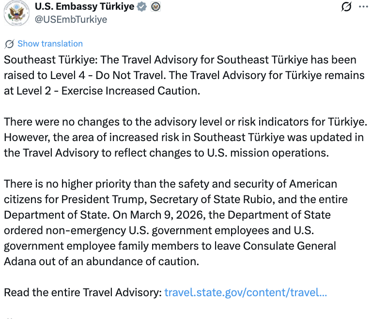 The Travel Advisory for Southeast Türkiye has been raised to Level 4 - Do Not Travel. The Travel Advisory for Türkiye remains at Level 2 - Exercise Increased Caution. - U.S. Embassy Türkiye