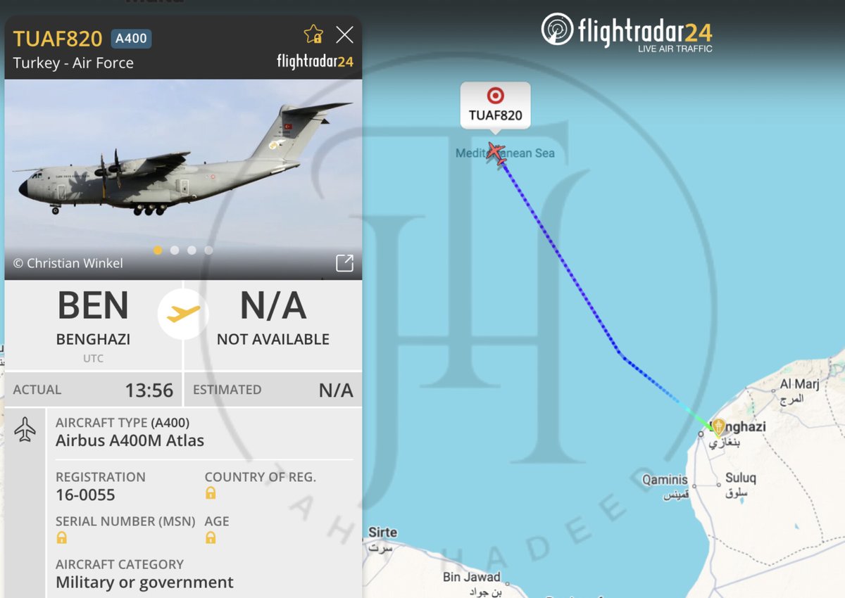 Libya: A second group of Haftar's forces departed from Benghazi a short while ago aboard a Turkish Air Force Airbus A400 military transport plane, registration number 0055-16, to participate in the EFES 2026 tactical exercise to be held in Izmir, Turkey.